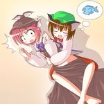  animal_ears blush cat_ears chen des fish hug multiple_girls mystia_lorelei touhou wings yuri 