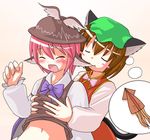  animal_ears biting blush bow breast_grab cat_ears cat_tail chen des ear_biting eargasm food grabbing imagining midriff multiple_girls mystia_lorelei navel short_hair squid tail touhou yuri 