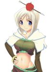  apple arrow blue_eyes breasts covered_nipples food food_as_clothes fruit groin hand_on_hip hunter_(ragnarok_online) large_breasts midriff navel ragnarok_online smile solo white_hair yn_red 