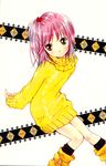  black_legwear boots breasts brown_eyes brown_footwear full_body hinamori_amu knee_boots kneehighs long_sleeves no_pants official_art pink_hair pose scan short_hair shugo_chara! simple_background small_breasts solo sweater turtleneck white_background yellow_eyes 