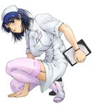  blue_eyes blue_hair blush clipboard fumizuki_misoka kneeling nurse original sandals short_hair solo squatting thighhighs white_legwear 