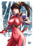  armor bodysuit breasts brown_eyes brown_hair cameltoe covered_nipples curvy elbow_gloves gloves konkitto large_breasts ninja ponytail red_bodysuit ribbon solo soulcalibur sword taki_(soulcalibur) weapon 