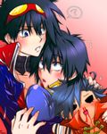  blood blue_hair blush dual_persona goggles goggles_on_head kamina male_focus multiple_boys nosebleed older pink_background selfcest simon tengen_toppa_gurren_lagann vinexsu 