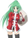  blush christmas green_hair highres higurashi_no_naku_koro_ni pin.x ponytail santa_costume solo sonozaki_mion thighhighs transparent_background 