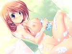  aniyome_dakara! bath blush breasts brown_hair dutch_angle game_cg huge_breasts long_hair machiru nipples nude purple_eyes shirai_urara soap solo 