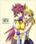  :d artist_request belt blonde_hair blue_eyes blush breasts denim hairband hug hug_from_behind jeans large_breasts long_hair lune_zoldark mecha multiple_girls open_mouth pants pink_hair school_uniform skirt smile super_robot_wars super_robot_wars_original_generation super_robot_wars_the_lord_of_elemental valsione valsione_r 