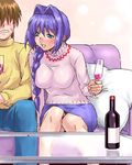  1girl aizawa_yuuichi alcohol blue_pants blue_skirt braid cushion drunk hair_intakes kanon lowres minase_akiko oekaki pants pencil_skirt skirt sweater turtleneck wine zen 