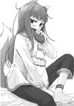  animal_ears anklet ayakura_juu barefoot bread capri_pants eating feet food greyscale highres holo jewelry long_hair monochrome novel_illustration official_art pants solo spice_and_wolf tail wolf_ears 