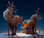  antlers black_nose capreoline cervid cheekles chimney christmas crouching duo feral fur holidays horn jingle_bells looking_back mammal night on_roof open_mouth outside rear_view reindeer shooting_star side_view sky star story story_in_description 