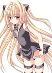  amou_mari bare_shoulders belt blonde_hair dress dress_lift garters konjiki_no_yami long_hair panties panty_pull red_eyes solo thigh_strap to_love-ru two_side_up underwear undressing 