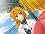  blonde_hair cloud day dutch_angle ever_17 fence from_behind game_cg hands labcoat long_hair multiple_girls outdoors raglan_sleeves short_hair sky spoilers takigawa_yuu tanaka_yubiseiakikana tanaka_yubiseiharukana tree water yellow_eyes 