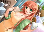 akibakei_kanojo aoi_ren blush breasts cleavage dress dutch_angle game_cg green_eyes hair_ornament hairclip happy jewelry large_breasts long_hair necklace orange_hair sano_toshihide shopping solo 
