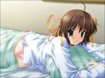  ahoge asakura_nemu bed brown_hair choker da_capo da_capo_i dress_shirt game_cg green_eyes nanao_naru panties pantyshot ribbon shirt short_hair solo underwear 