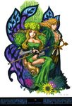 1girl absurdres belt blonde_hair breasts butterfly_wings chair chest cleavage dress elfaria_(odin_sphere) fairy flower frown hat highres holding lace large_breasts leaf long_hair looking_at_viewer mature melvin muscle nature non-web_source odin_sphere official_art open_clothes open_shirt pointy_ears red_eyes scan shirai_yasuo shirt side_slit sidelocks simple_background sitting smile staff standing thighs throne translated trench_coat wavy_hair wings 