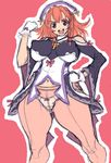  breasts covered_nipples curvy gloves headdress huge_breasts kei_(bekei) la_pucelle long_sleeves looking_at_viewer open_mouth panties panties_under_pantyhose pantyhose prier red_hair sheer_legwear shoulder_cutout sketch solo thick_thighs thighs underwear white_gloves 