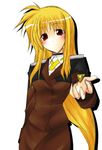  bardiche blonde_hair fate_testarossa hagane_soushi long_hair lyrical_nanoha mahou_shoujo_lyrical_nanoha_strikers military military_uniform red_eyes solo tsab_ground_military_uniform uniform very_long_hair 