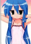  blue_hair camisole covered_nipples flat_chest green_eyes hechi highres izumi_konata jewelry long_hair lucky_star mole mole_under_eye necklace solo stretch upper_body very_long_hair 