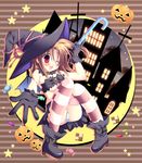  black_gloves boots brown_hair candy candy_cane castle checkerboard_cookie cookie food gloves halloween hat holding holding_candy_cane jack-o'-lantern kujira_(knave) panties pantyshot pantyshot_(sitting) red_eyes ribbon sitting skirt solo star striped striped_legwear thighhighs tsukihime underwear white_panties witch witch_hat yumizuka_satsuki 