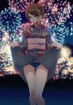  1girl 40hara bangs blue_panties breasts brown_eyes brown_hair clothes_lift dress earrings eyebrows_visible_through_hair fireworks floral_print flower glaring gluteal_fold hair_flower hair_ornament hair_up highres iya_na_kao_sare_nagara_kozukuri_sasete_moraitai japanese_clothes jewelry kimono kimono_lift lifted_by_self looking_at_viewer night niko_(iyapan) obi open_mouth original outdoors panties purple_kimono sash sidelocks solo standing stud_earrings thighs underwear 