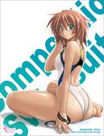  ass barefoot breasts brown_hair competition_swimsuit green_eyes highleg highleg_swimsuit medium_breasts murasaki_nyaa nipples one-piece_swimsuit original see-through short_hair solo swimsuit 