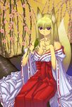  animal_ears bare_shoulders bird bird_on_hand blonde_hair breasts cherry_blossoms cleavage flower fox_ears fox_tail hakama hand_on_own_chest in_tree japanese_clothes kimono kink large_breasts long_hair miko off_shoulder original purple_eyes red_hakama ribbon-trimmed_sleeves ribbon_trim sitting sitting_in_tree solo tail tree wide_sleeves 