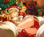  ass blonde_hair cameltoe christmas closed_eyes gift lying maimu on_side original santa_costume solo stuffed_animal stuffed_toy teddy_bear 