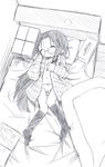  bed bed_sheet blanket book box closed_eyes collarbone from_above full_body glasses greyscale kneehighs kuroba_u long_hair lucky_star lying monochrome on_back on_bed open_clothes rimless_eyewear sleeping solo tamura_hiyori very_long_hair 