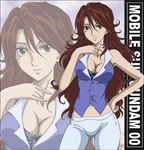  bra breasts brown_eyes brown_hair cleavage gundam gundam_00 hanzou lingerie long_hair lowres medium_breasts midriff navel solo sumeragi_lee_noriega underwear zoom_layer 