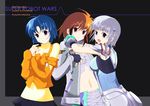  ahoge artist_request bare_shoulders blue_eyes blue_hair bracelet breasts brown_hair collarbone cowboy_shot detached_sleeves hug ibis_douglas jewelry kusuha_mizuha large_breasts long_hair looking_at_viewer midriff multiple_girls navel seolla_schweizer short_hair stomach super_robot_wars yuri 