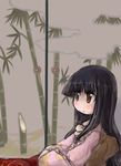  bamboo bangs black_hair blunt_bangs blush brown_eyes hands_together hime_cut houraisan_kaguya indoors japanese_clothes leaning_back long_hair own_hands_together sitting sketch solo tao_(kadoya) touhou 