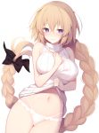  1girl bangs blonde_hair blush braid breasts closed_mouth clothes_lift eyebrows_visible_through_hair fate_(series) jeanne_d&#039;arc_(fate)_(all) lace lace-trimmed_panties large_breasts long_hair looking_at_viewer miko_92 multi-strapped_panties navel panties purple_eyes single_braid skindentation smile solo stomach sweater sweater_lift sweater_vest turtleneck turtleneck_sweater underwear very_long_hair white_panties white_sweater 