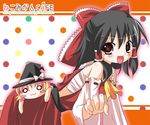  :3 :d bangs bent_over black_hair black_hat blank_eyes blonde_hair blush_stickers bow character_doll chibi cravat detached_sleeves eyebrows_visible_through_hair from_side hair_bow hair_tubes hakurei_reimu half_updo hat hat_bow hat_ribbon kirisame_marisa letterboxed long_hair looking_at_viewer nekoshiro_mikan open_mouth polka_dot polka_dot_background reaching red_bow red_eyes red_ribbon red_skirt ribbon ribbon-trimmed_sleeves ribbon_trim sarashi skirt skirt_set smile solid_circle_eyes solo touhou watermark web_address white_bow white_ribbon witch_hat 