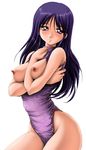  akahira_kirin blue_hair blush breasts breasts_outside casual_one-piece_swimsuit crossed_arms floral_print highleg highleg_swimsuit kurusugawa_ayaka large_breasts nipples one-piece_swimsuit post purple_eyes purple_hair signature simple_background smile solo swimsuit to_heart 