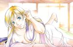  akimine_kamijyo bed bed_sheet blanket blonde_hair breasts cleavage collarbone green_eyes indoors large_breasts looking_at_viewer lying on_bed on_stomach samurai_deeper_kyo shiina_yuya smile solo under_covers waking_up 