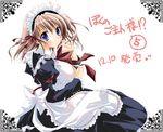  apron blue_eyes blush brown_hair copyright_request frills izumi_tsubasu juliet_sleeves long_sleeves looking_at_viewer maid maid_headdress number puffy_sleeves short_hair solo text_focus 