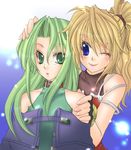  :o armor artist_request blonde_hair blonde_pubic_hair blue_eyes blush bracelet collarbone excellen_browning green_eyes green_hair jewelry lamia_loveless long_hair looking_at_viewer multiple_girls parted_lips ponytail skin_tight super_robot_wars upper_body 