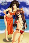  absurdres beach bikini blue_eyes blush brown_hair crease hair_ribbon highres hoshino_miyako inuzumi_masaki logo long_hair multiple_girls non-web_source ocean orange_bikini_top orange_sarong purple_eyes red_bikini ribbon sarong step_x_steady swimsuit tooyama_izumi waves 