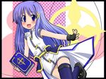  asymmetrical_clothes blue_eyes blue_hair blush book book_of_the_azure_sky hair_ornament kazami_ruku long_hair lyrical_nanoha mahou_shoujo_lyrical_nanoha_strikers open_mouth panties pantyshot reinforce_zwei single_thighhigh solo thighhighs underwear x_hair_ornament 