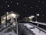  ground_vehicle koromoya_kai lights night no_humans scenery snow train train_station 