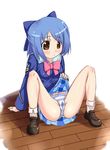  blue_hair bow buresu cameltoe gakuen_utopia_manabi_straight! inamori_mika panties pink_bow plaid plaid_skirt ribbon school_uniform seiou_gakuen_school_uniform skirt solo spread_legs striped striped_panties underwear 