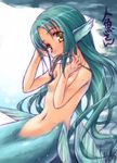  aoi_kumiko aqua_hair breasts fish food head_fins head_tilt long_hair mermaid monster_girl mouth_hold navel nipples nude ocean original outdoors pose rock small_breasts solo very_long_hair wet yellow_eyes 