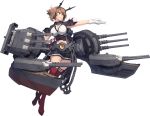  1girl anchor black_skirt boots breasts brown_hair capelet chains cleavage coat gloves green_eyes headband kantai_collection large_breasts looking_to_the_side machinery midriff mutsu_(kantai_collection) official_art pleated_skirt red_legwear remodel_(kantai_collection) rigging searchlight shizuma_yoshinori short_hair simple_background skirt solo striped striped_skirt thigh_boots thighhighs transparent_background turret white_gloves 