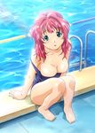  artist_request bad_feet barefoot blush breasts cleavage feet green_(game) green_eyes highres large_breasts long_hair mizuno_makoto_(green) one-piece_swimsuit pool red_hair school_swimsuit sitting solo swimsuit swimsuit_pull water 