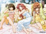  barefoot bed character_doll feet herikawa_koishi jpeg_artifacts kazami_mizuho lingerie lying marie_(onegai_teacher) morino_ichigo multiple_girls nightgown onegai_teacher side_ponytail underwear uon_taraku watermark 