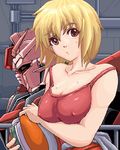  bad_id bad_pixiv_id bangs bare_shoulders blonde_hair bodysuit bodysuit_pull breast_hold breasts cagalli_yula_athha covered_nipples gundam gundam_seed headwear_removed helmet helmet_removed holding kannagi_kaname large_breasts looking_at_viewer lowres mecha oekaki orange_eyes parted_lips pilot_suit railing red_bodysuit short_hair solo strap_slip strike_rouge sweat tank_top upper_body 