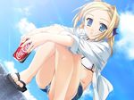  akino_takehiko bettou_izumi-shizuka_scarlett bikini blonde_hair blue_eyes cloud coca-cola cutoffs day denim denim_shorts drink feet flat_chest game_cg sandals scarlett short_hair short_shorts shorts sky solo squatting swimsuit 