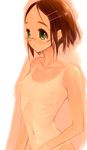  breasts brown_hair copyright_request forehead glasses goshiki_suzu green_eyes hair_ornament hairclip looking_to_the_side navel nipples nude one-piece_tan ribs rimless_eyewear shiny shiny_skin skinny small_breasts solo tan tanline tareme upper_body wet 