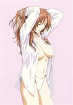  absurdres arms_behind_head arms_up breasts brown_eyes brown_hair cleavage covered_nipples cowboy_shot hand_behind_head highres horibe_hiderou interlude large_breasts long_hair long_sleeves marufuji_izumi navel no_bra one_eye_closed open_clothes open_shirt panties pink_background shirt simple_background smile solo underwear white_panties 