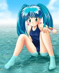  blue_eyes blue_hair green_eyes magical_girl mahou_no_angel_sweet_mint mint_(sweet_mint) swimsuit twintails water 