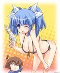  bent_over bikini blue_eyes blue_hair breasts brown_hair cleavage erect_nipples front-tie_top hagiya_masakage hair_ribbon large_breasts micro_bikini musical_note o3o o_o pani_poni_dash pani_poni_dash! polka_dot raygun ribbon side-tie_bikini suzuki_sayaka swimsuit thong_bikini twintails weapon wink 